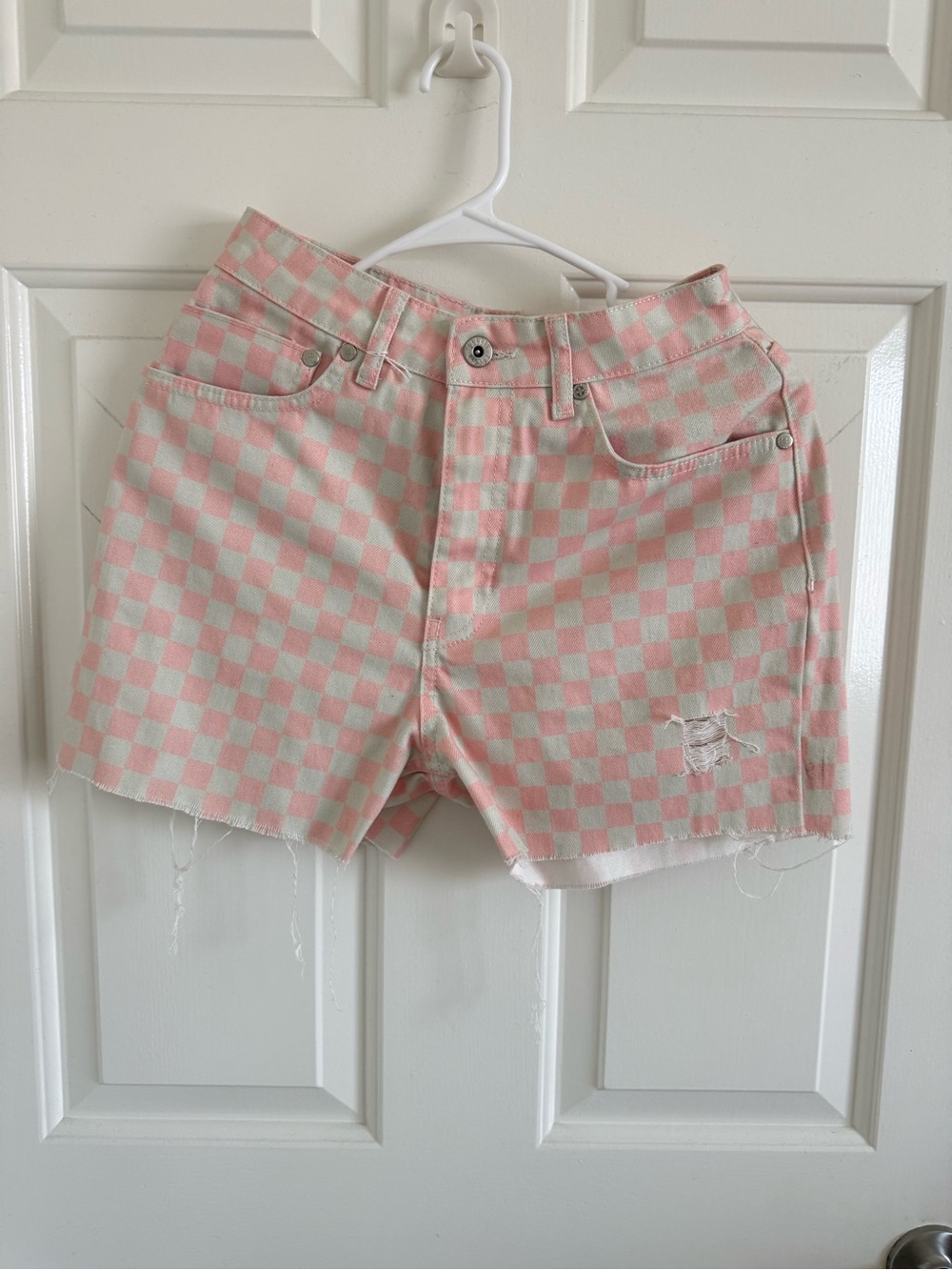 High-Waist Pink Checkered Denim Shorts for Women